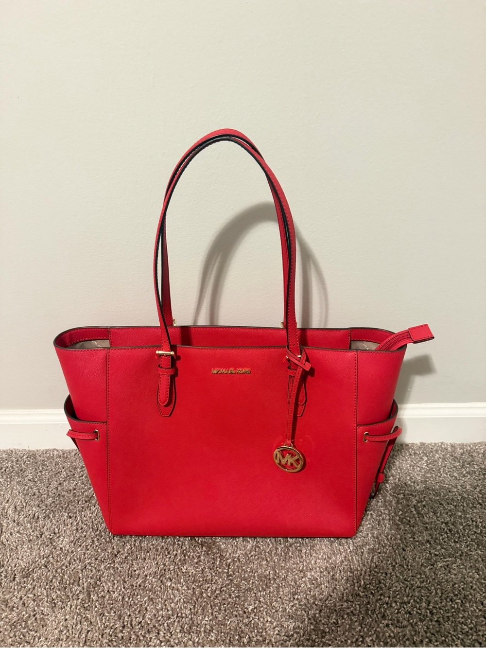 Michael Kors Red Saffiano Tote with Gold Charm